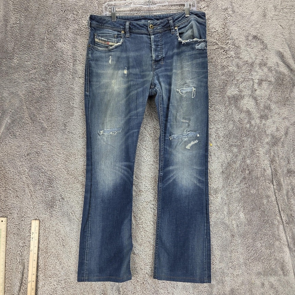 Diesel Jeans Mens 33x32 Blue Zatiny Regular Bootcut Button Fly Altered Hem 0833W